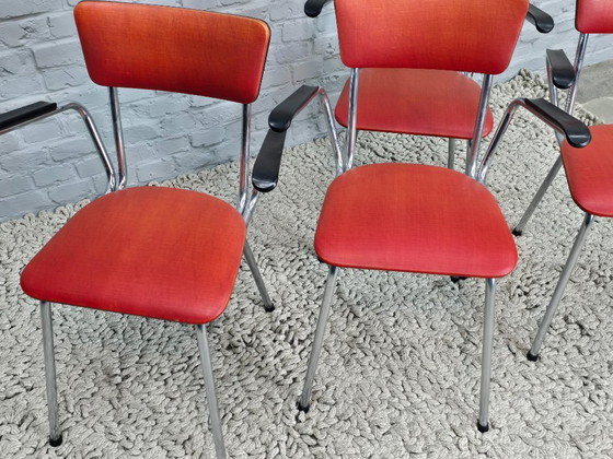 Image 1 of Set of 4 Vintage Design Chromed Frame Kitchen Chairs with Red Leatherette Upholstery. The Netherlands, 1960s