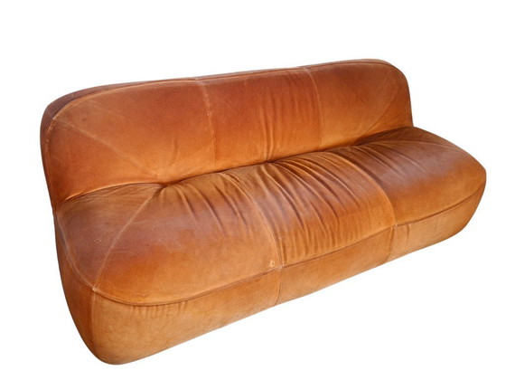Image 1 of Vintage 1970s Set: 3-Seater Sofa + Orange Velvet Armchair