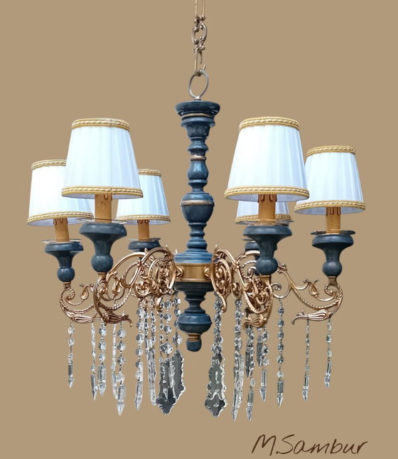 Image 1 of Lustre vintage en graphite, cristal et or. Italien.