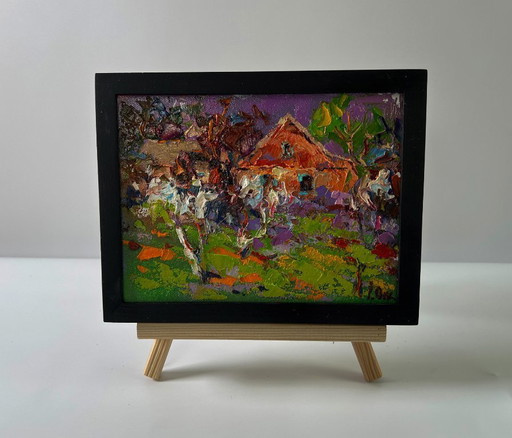 Original Oil Painting Rural Evening Landscape Spring in the Village – schilderijen tekeningen, Canvas