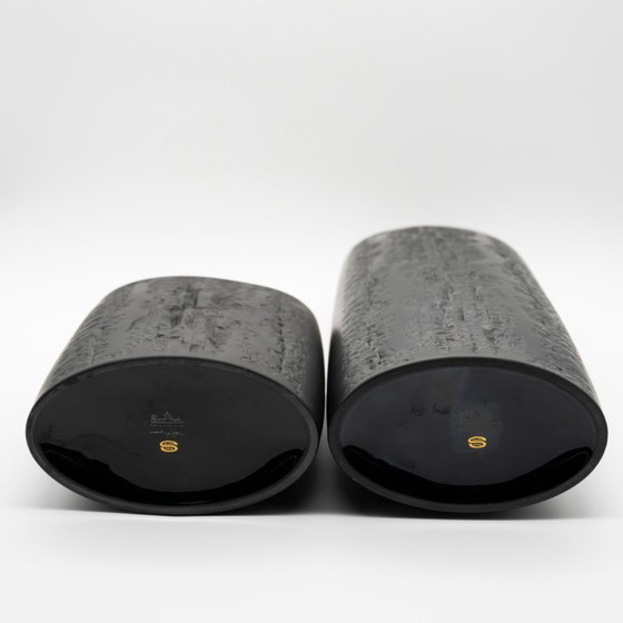 Image 1 of Rare Martin Freyer Rosenthal Bisque Porcelaine Noire Vase Duo Brutalist Op-Art