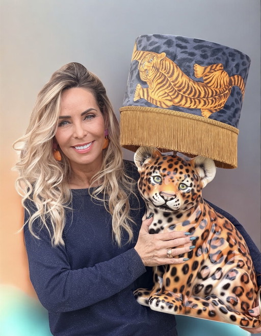 Handmade ceramic baby cheeta lamp with velvet shade