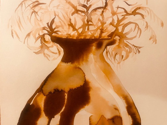 Image 1 of Painting signed, Wabi Sabi vase adorned with dried flowers