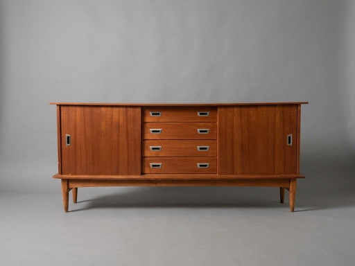 Vintage teak dressoir met schuifdeuren en 4 lades – Mid-Century jaren 60