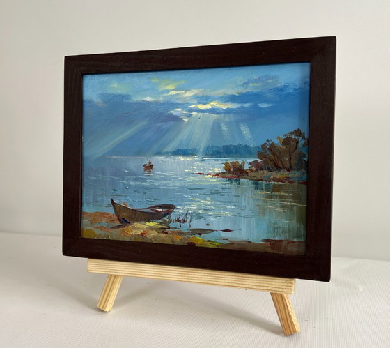 Image 1 of Original Oil Painting Summer River Landscape Rays of sun through the clouds