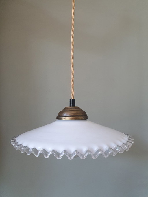 vintage pendant lamp of white opaline glass - fringes - clichy