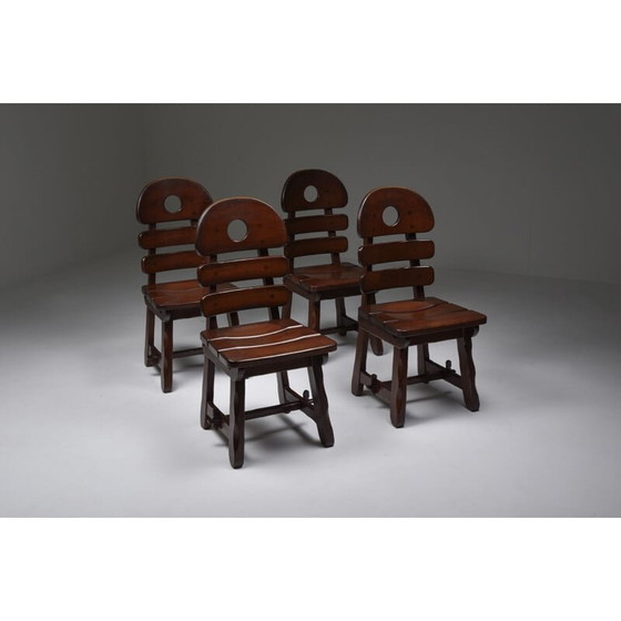 Image 1 of Rustic modern brutalist vintage dining room set in stained oak, Belgium 1970