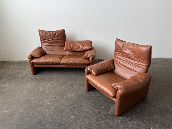 Image 1 of Cassina Maralunga Set Sofa Armchair Cognac Leather Vintage