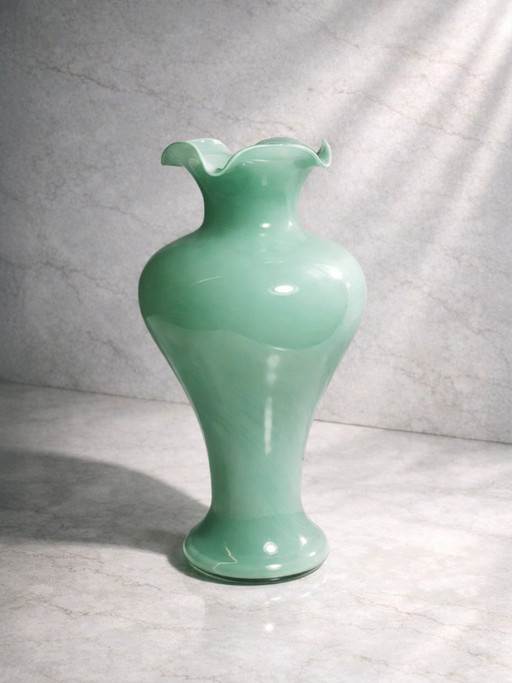 Vintage Murano Vase Jade Grün Milch Opal Glas 50er Mid Century Mint Türkis Barovier Toso Tonelli Lattimo Filigrana