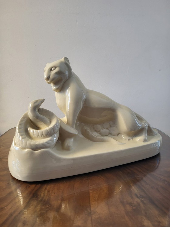Charles Catteau Boch Frères Art Deco Panter & Slang Keramiek Ca.1930 – Decoratieve objecten, Porcelain (photo 10 of 11)