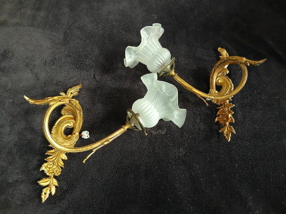Art Nouveau wandlampen van brons en messing – Bronze, Glass (photo 3 of 10)