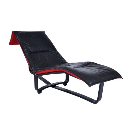 Westnofa Norwegian Black Leather and Red Wool Reversible Scandinavian Modern Chaise Lounge