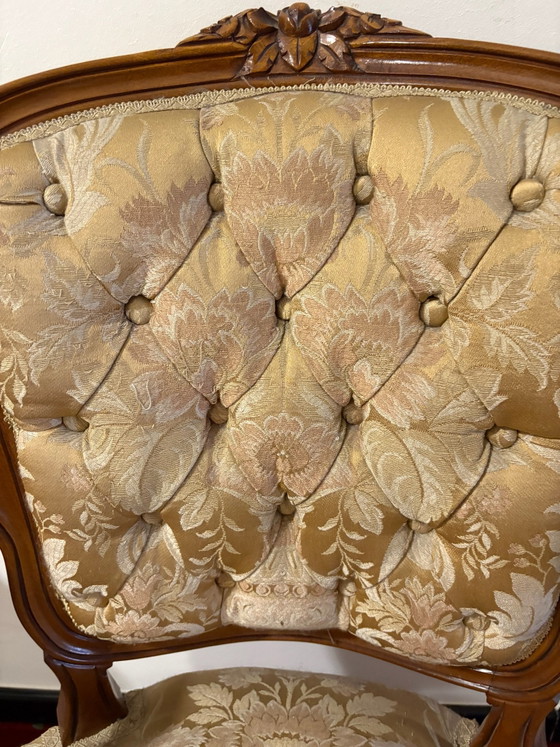 Pair of Vintage Louis XV Style Armchairs - Gold Brocade, Textile, Wood, Beige (photo 3 of 6)
