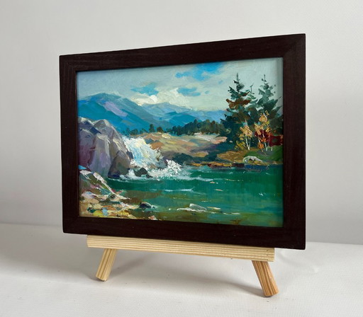 Original Oil Painting Summer Mountains Landscape There is a waterfall in the mountains