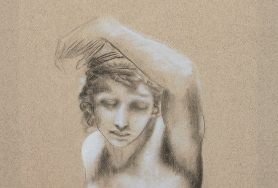 Image 1 of Hand-drawn copy of a work by Pierre Paul Prodhon. Hand-drawn copy of a painting of a female nude. Signed.