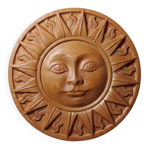 Wall plaque of an anthropomorphic sun in patinated terracotta, vintage Italy 1996.