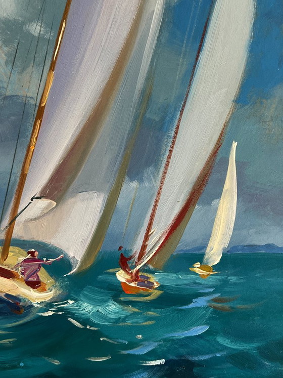 Image 1 of Dipinto ad olio originale raffigurante un paesaggio marino con onde, yacht e barche a vela in mare.