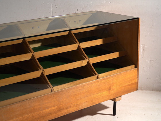 Vintage Twenty-Drawer Counter Chest, Central Europe, circa 1950, Storage cabinet, Glass, Brass, Black (photo 16 of 21)