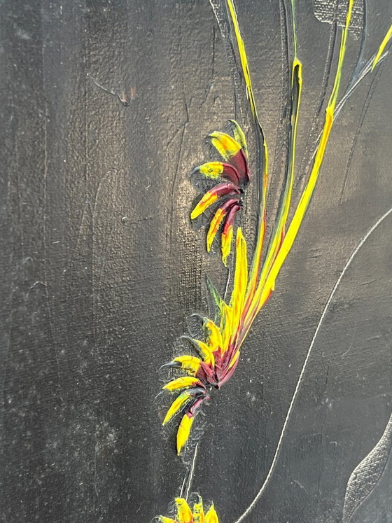 Image 1 of Vintage painting by S. Dewael, 1974, floral composition on a black background