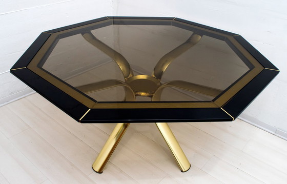 Image 1 of Pierre Cardin Octagonal Dining Table Black Lacquer with Brass Inserts and Base