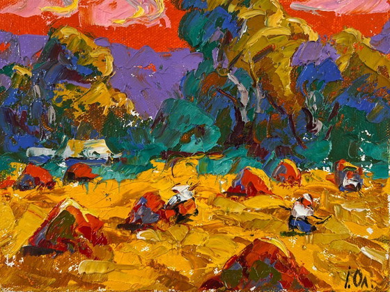 Image 1 of Original Oil Painting Autumn Evening Landscape Noon on the field