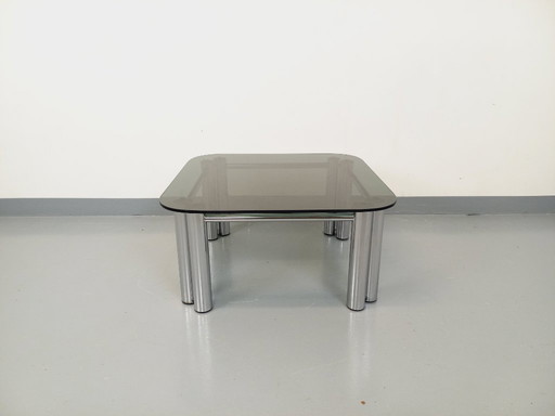 Vintage Italian Space Age square coffee table in smoked glass and chrome-plated metal from the '70s