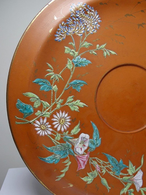 Large Antique Clay/Terracotta Dish with Japanese Art Nouveau Enamel