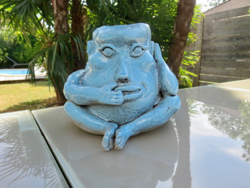 anthropomorphic vase in blue glazed ceramic, 1990