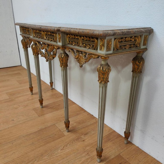 Konsolentisch, Beistelltisch mit Marmorplatte und vergoldetem Holz mit Spiegel, Braun, Klassiek (Foto 5 von 15)