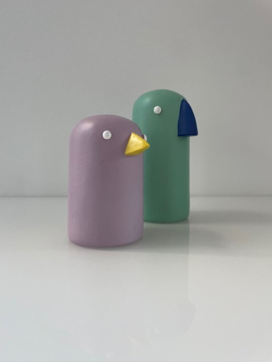 Image 1 of Skandinavische Vogelfiguren aus Holz, Set in Flieder und Mint
