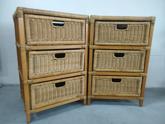 Image 1 of Set vintage jaren 70 rotan/riet/bamboe wandkastjes ladekasttes