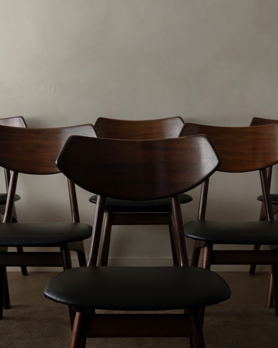 Image 1 of Vintage Dining Chairs by Louis van Teeffelen for AWA (Set of 6) | Reupholstered in Black Skai | Dutch Mid-Century | 1960s