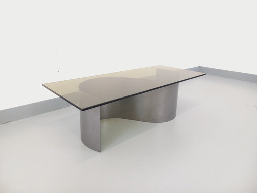 Tavolino da caffè rettangolare vintage Space Age in acciaio e vetro fumé degli anni '70