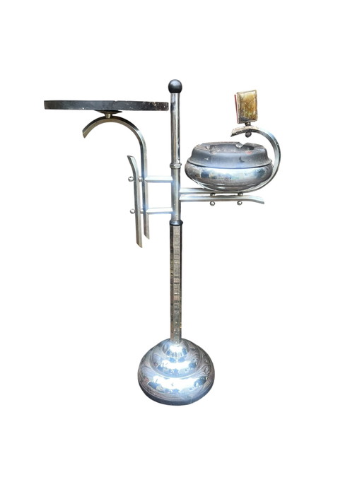 Art deco Demeyere asbak standaard met tafeltje chroom en bakeliet jaren 30