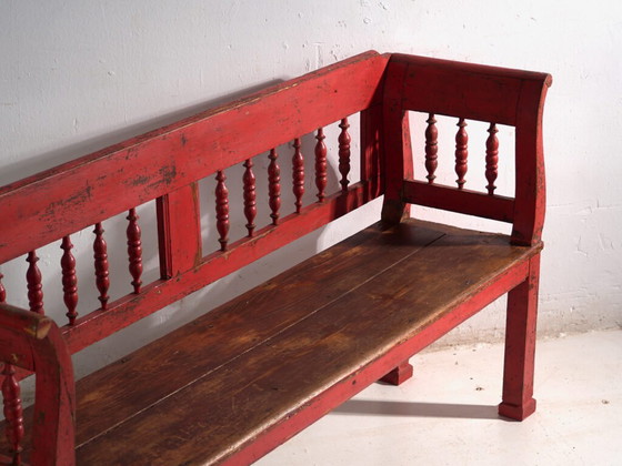 Antique red painted pine bench with turned back – Central Europe, circa 1900 – Benches, Rustic (photo 15 of 40)