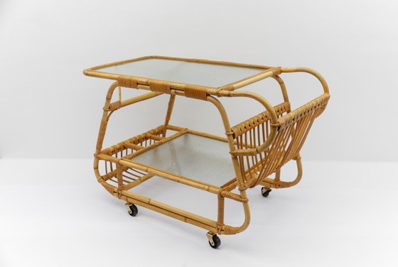 Image 1 of Carrello da portata italiano in bambù, rattan e vetro, anni '50