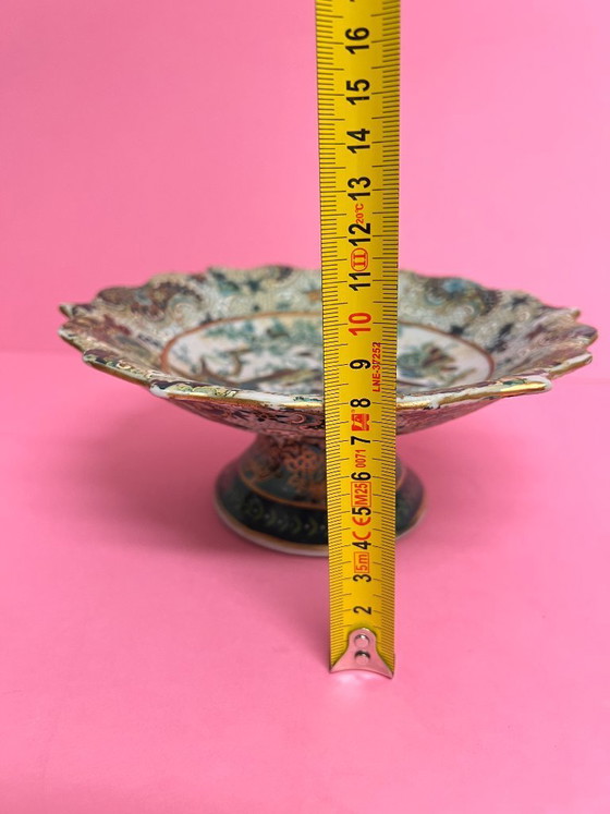 Image 1 of Vintage Satsuma pedestal serving dish, Japanese bird-themed serving dish