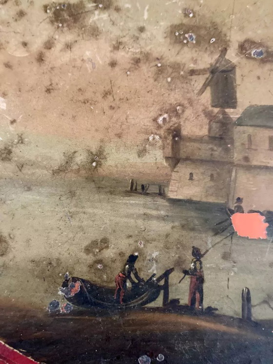 Image 1 of Grote ovale, beschilderde metalen schaal met landschapsmotief, circa 1800.