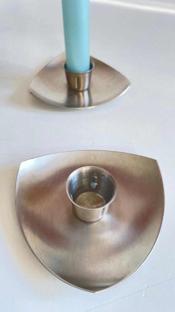 Image 1 of Vintage brushed metal geometric candlesticks