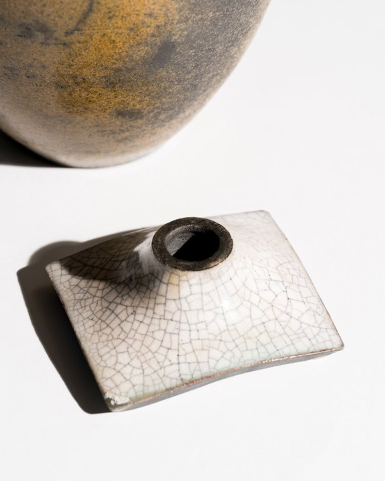 Image 1 of Hans-Peter Mader Sculptural Raku Lidded Studio Vase Germany, 1991 Studiokeramik