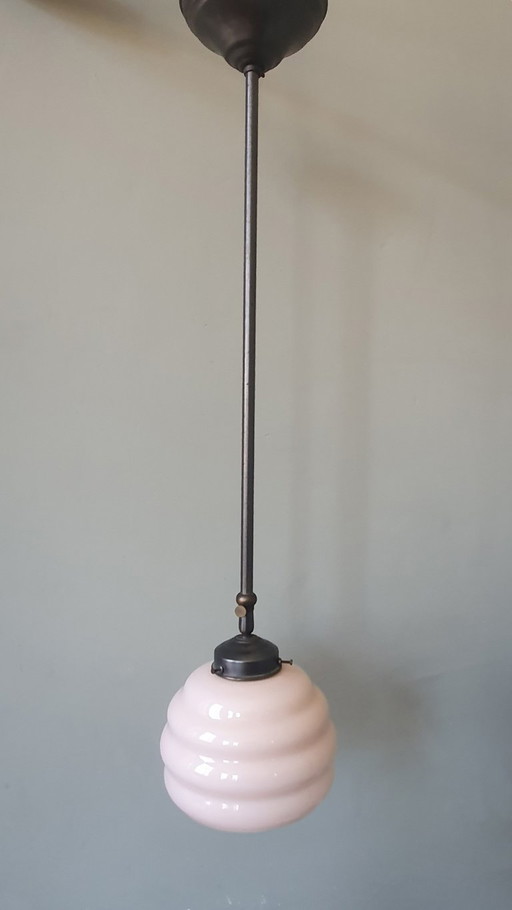 Long Vintage Art Deco Rose Opaline pendant lamp - hanging lamp