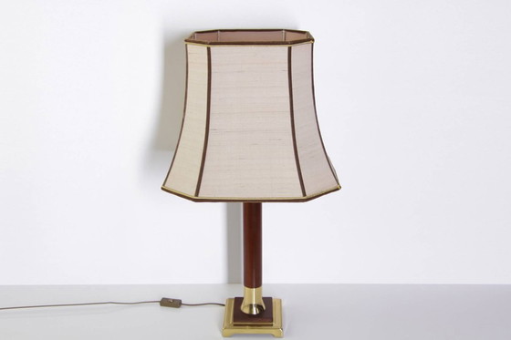 Image 1 of Lamp Tafellamp messing hout 77cm jaren 1980 vintage