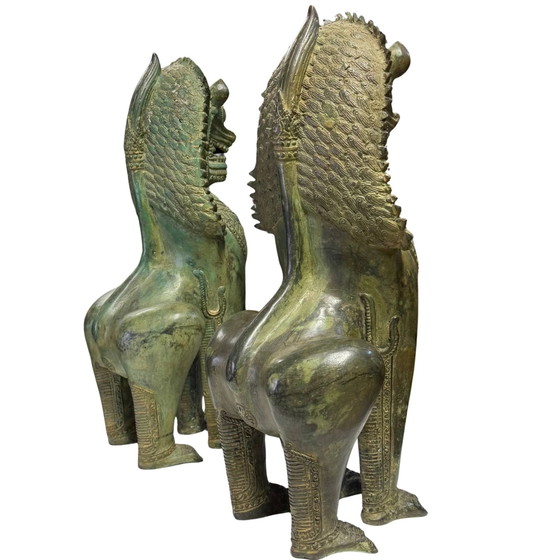 Coppia di Leoni del Tempio Singha Monumentali - Antichissimi Guardiani della Casa - 7,4 kg Bronzo – Sculture (photo 5 of 10)