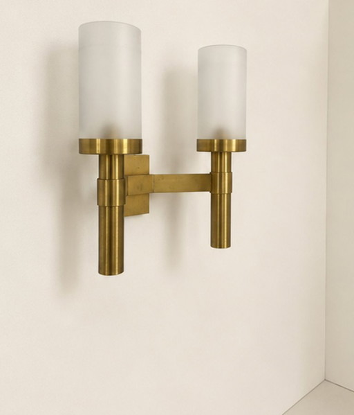 Vintage double wall sconce, brass and frosted glass, by Perzel, France 1950