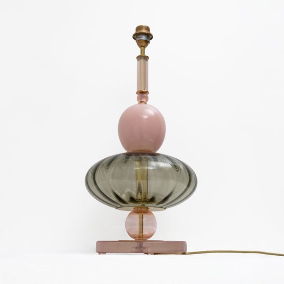 Pair of Geometric Murano Glass Table Lamps in Pink and Green, Sottsass Style (photo 4 of 9)
