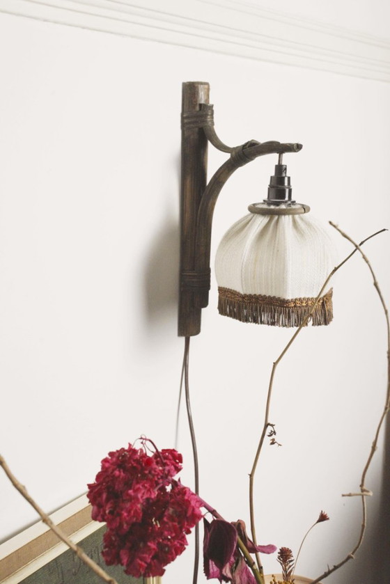 Dutch Vintage Bamboo Wall Sconce with Brown Fringed Fabric Shade – Wall lights, Textile (photo 3 of 10)