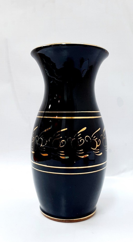 Vaso vintage in ceramica smaltata nera 21 cm