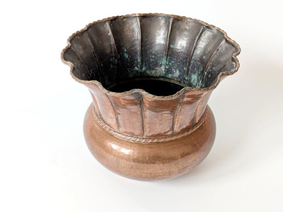 Image 1 of Midcentury Italian Planter | Hand-Hammered Copper with Scalloped Rim and Cord Detail