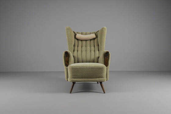 Image 1 of Large Green Italian Wood & Fabric Wingback Armchair, 1950s