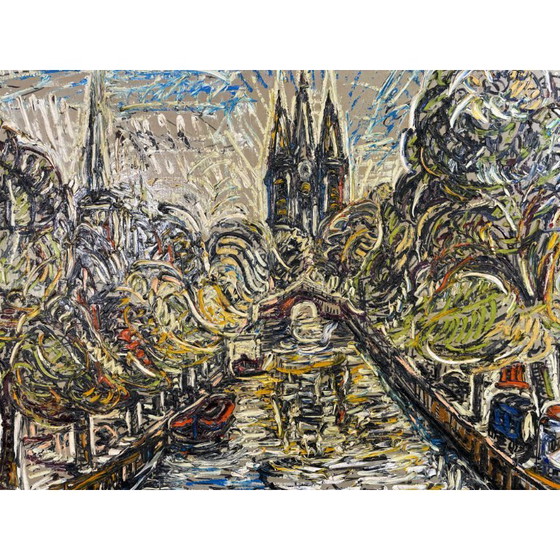 Image 1 of 1961 Dipinto in stile Van Gogh della Oude Kerk vista dal canale Oude Delft